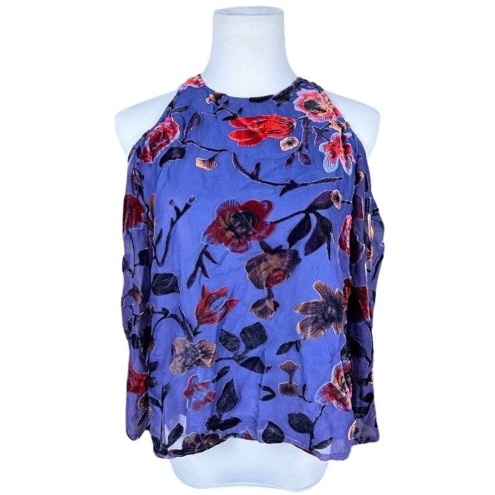 En Creme Purple Floral Burnout Velvet Cold Shoulder Top ETF53192TLM Womens Small